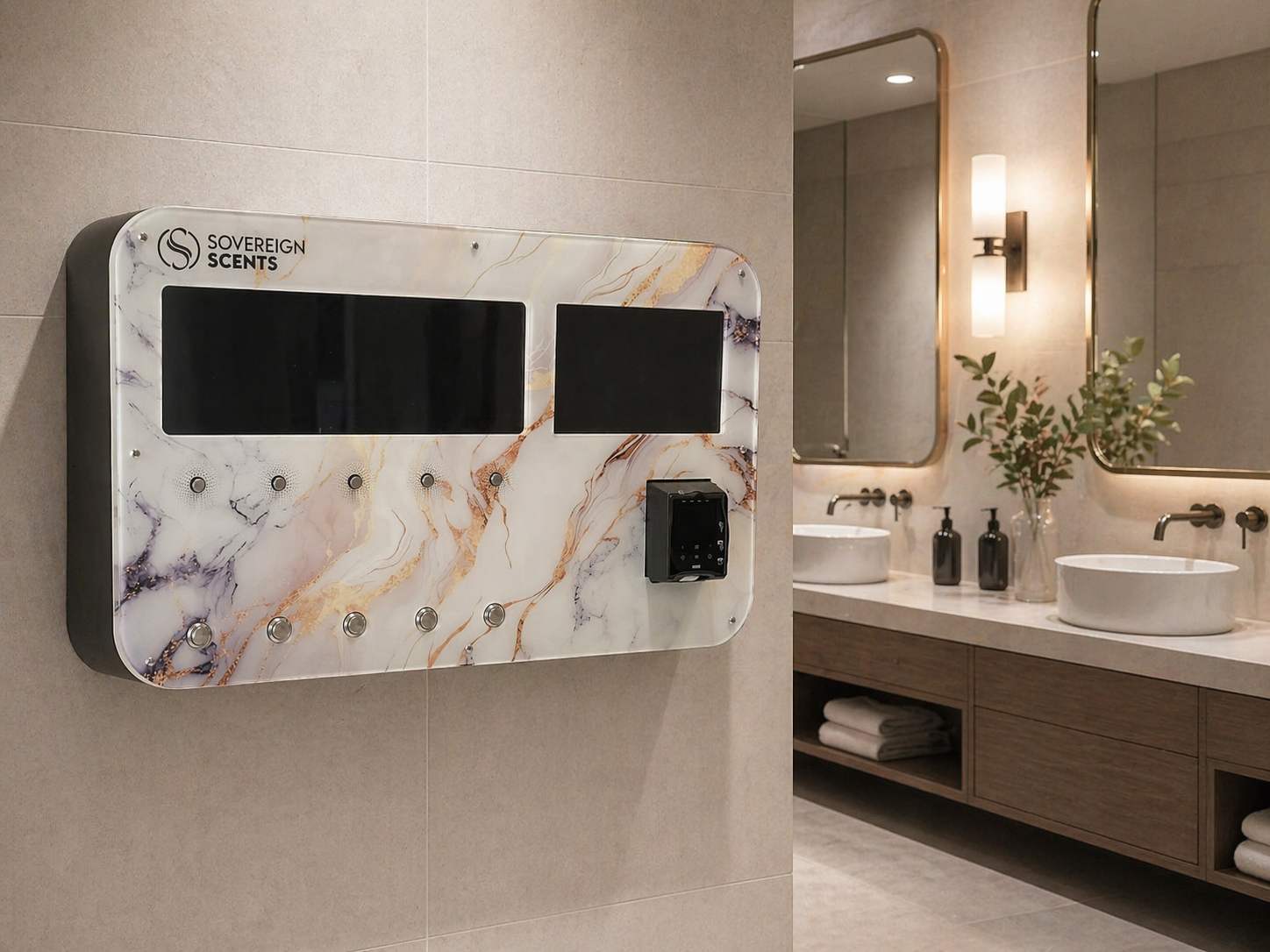 Sovereign Scents machine installed in a luxury restroom